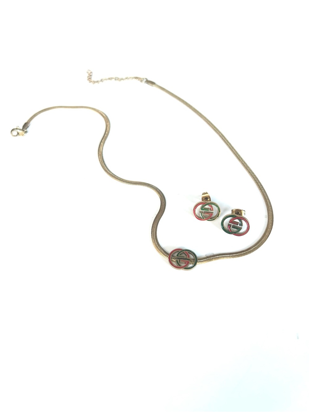 Gucci Gold Necklace and Earring Set with Red and Green Enamel Accents